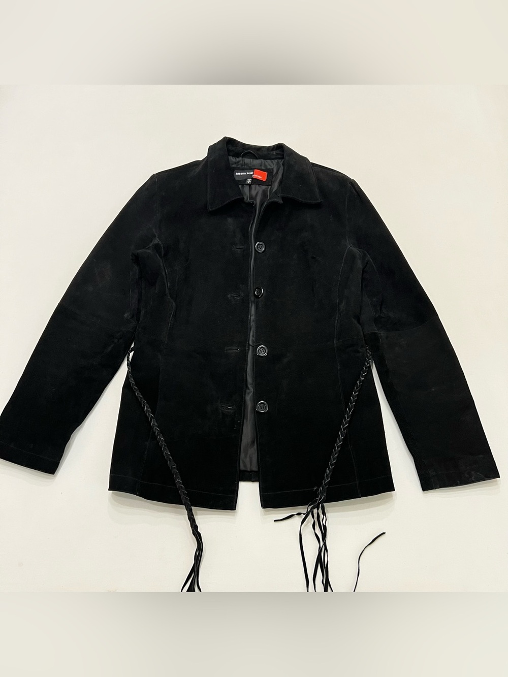 Vintage Marcelle Renee Black Suede Leather Jacket Fringe Belt Sz S Western Chic